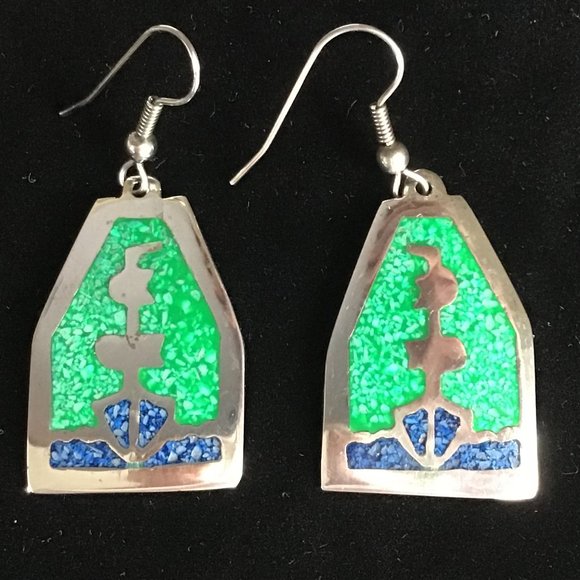 Vintage Silver Malachite & Lapis Earrings - Ships ahoy! - Picture 2 of 7